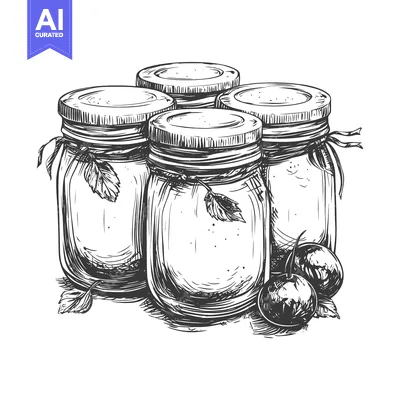 Premium design asset: Hand-drawn illustration of four glass jars with lids, leaves, and frui