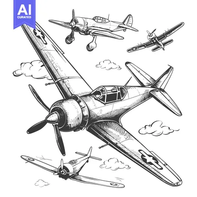 Aset desain premium: Hand-drawn Illustration of Four Military Aircraft Flying in Formation