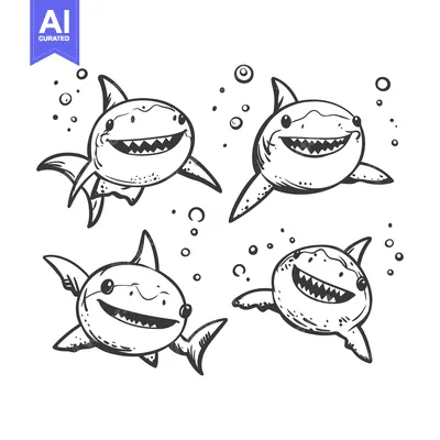 Premium design asset: Hand-drawn illustration of four smiling cartoon sharks swimming with b
