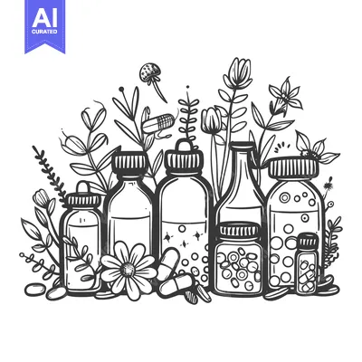 Aset desain premium: Hand-Drawn Illustration of Glass Bottles with Herbal Supplements Surro