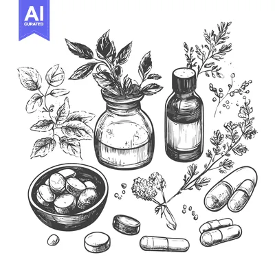 Aset desain premium: Hand-Drawn Illustration of Herbal Remedies and Supplements