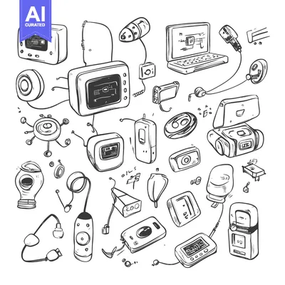 Aset desain premium: Hand-Drawn Illustration of Interconnected Vintage Electronics