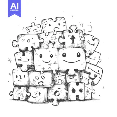 Premium design asset: Hand-Drawn Illustration of Interlocking Puzzle Pieces with Faces