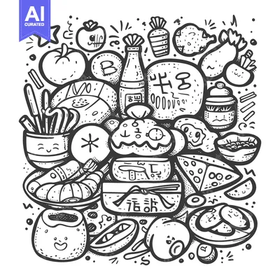 Aset premium populer: Hand-drawn illustration of Japanese cuisine with cute characters
