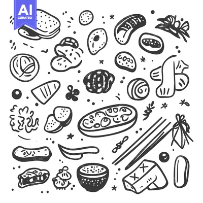 Premium design asset: Hand-Drawn Illustration of Japanese Food with Chopsticks and Other Ele