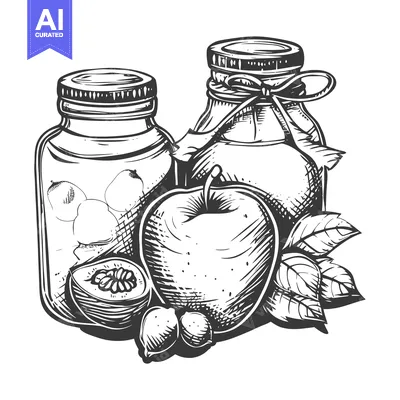 Hand-Drawn Illustration of Jars, an Apple, and Nuts