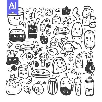 Aset desain premium: Hand-Drawn Illustration of Kawaii Food and Objects with Smiling Faces
