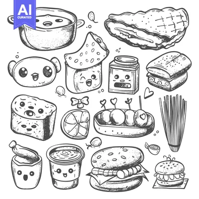 Hand-Drawn Illustration of Kawaii Food Items with Faces