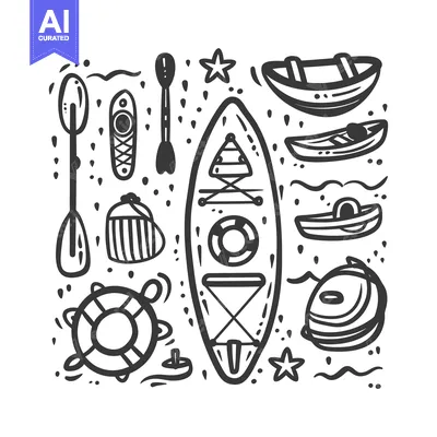Aset desain premium: Hand-drawn illustration of kayaking and boating equipment.