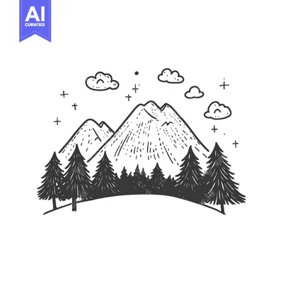 Aset premium populer: Hand-Drawn Illustration of Mountains and Pine Trees