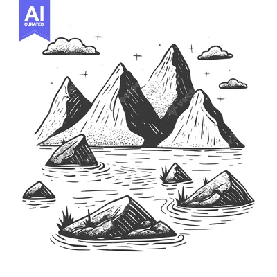 Aset premium populer: Hand-drawn illustration of mountains reflected in a still lake with cl