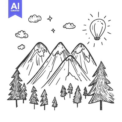 Aset desain premium: Hand-drawn illustration of mountains, trees, and a hot air balloon