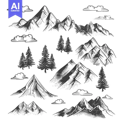 Aset premium populer: Hand-Drawn Illustration of Mountains, Trees, and Clouds