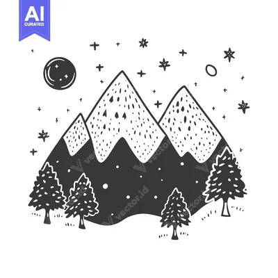 Premium design asset: Hand-drawn illustration of mountains with trees and stars