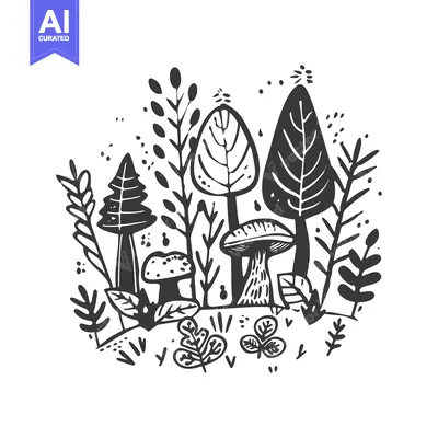 Premium design asset: Hand-drawn Illustration of Mushrooms and Forest Plants in Black and Wh