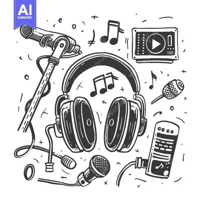 Aset desain premium: Hand-drawn illustration of music recording equipment