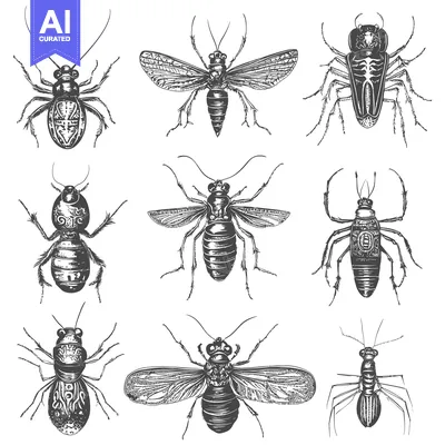 Aset premium populer: Hand-Drawn Illustration of Nine Different Types of Insects