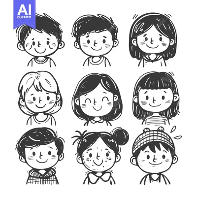 Aset desain premium: Hand-drawn illustration of nine smiling cartoon faces