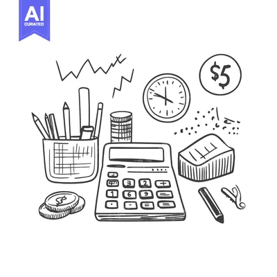 Aset premium populer: Hand-Drawn Illustration of Office Supplies, Calculator, Coins, and Clo