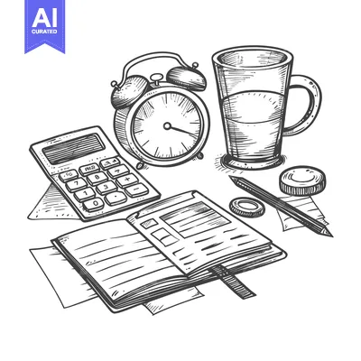 Aset premium populer: Hand-Drawn Illustration of Office Supplies, Including a Clock, Calcula