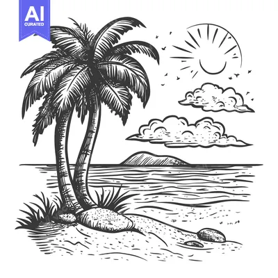 Aset desain premium: Hand-drawn illustration of palm trees on a sandy beach with ocean wave