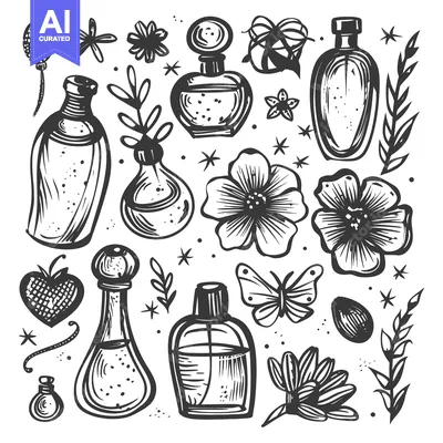 Aset desain premium: Hand-Drawn Illustration of Perfume Bottles, Flowers, and Botanical Ele