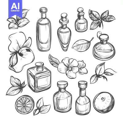 Aset premium populer: Hand-Drawn Illustration of Perfume Bottles, Flowers, and Fruit