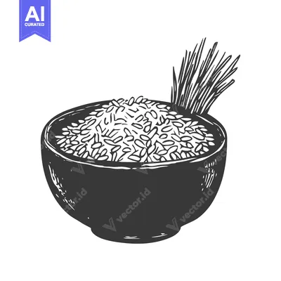Aset premium populer: Hand-Drawn Illustration of Rice in a Bowl with Sprig of Rice