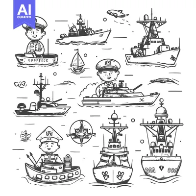 Premium design asset: Hand-drawn Illustration of Sailors and Various Ships at Sea
