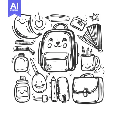 Hand-Drawn Illustration of School Supplies with Cartoon Faces