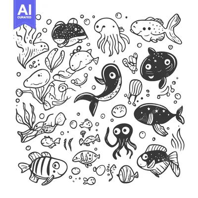 Aset desain premium: Hand-drawn Illustration of Sea Creatures and Seaweed
