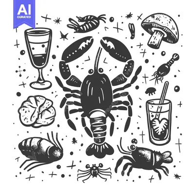 Aset premium populer: Hand-drawn illustration of seafood, drinks, and a mushroom