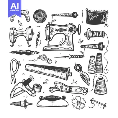 Hand Drawn Illustration of Sewing Supplies and Tools