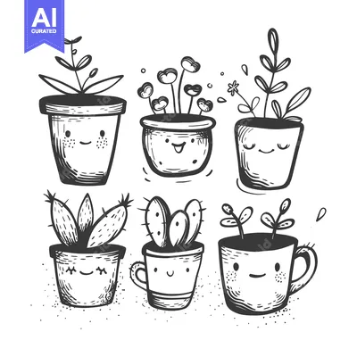 Premium design asset: Hand-Drawn Illustration of Six Adorable Potted Plants with Smiling Fac