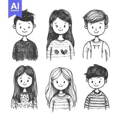 Popular premium asset: Hand-drawn illustration of six smiling children in sweaters