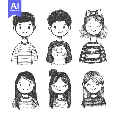 Premium design asset: Hand-drawn Illustration of Six Smiling Children with Different Hairsty