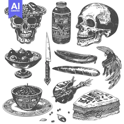 Premium design asset: Hand-Drawn Illustration of Skulls, Fruits, and Other Objects in a Vint