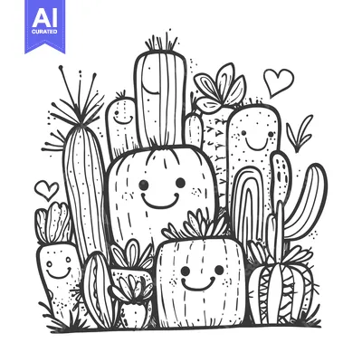 Aset desain premium: Hand-Drawn Illustration of Smiling Cactus Plants with Hearts