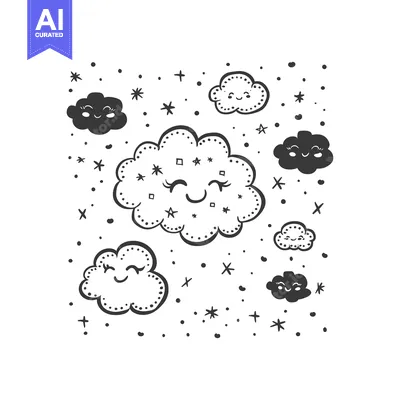 Hand-Drawn Illustration of Smiling Clouds with Stars