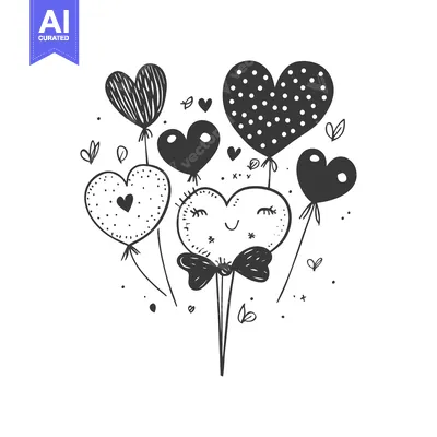 Aset desain premium: Hand-drawn Illustration of Smiling Heart-shaped Balloons with Bowtie