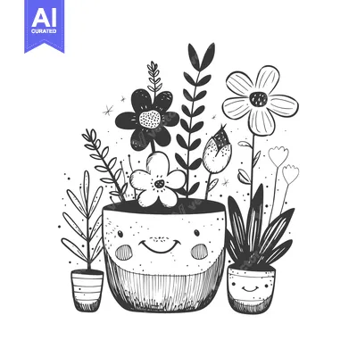 Aset desain premium: Hand-drawn illustration of smiling potted plants with flowers