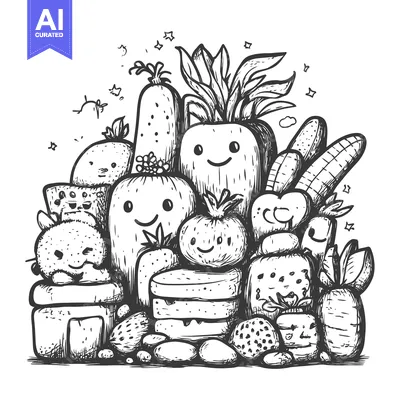 Aset premium populer: Hand-drawn illustration of smiling vegetables and fruits with stars