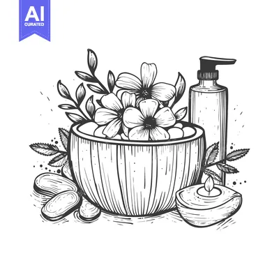 Aset premium populer: Hand-drawn illustration of spa essentials with flowers, bowl, bottle,