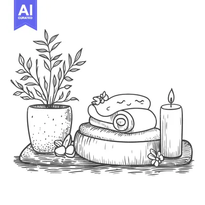 Aset premium populer: Hand-Drawn Illustration of Spa Items with a Plant, Towels, Stones, and
