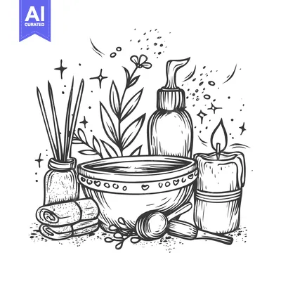 Aset desain premium: Hand-Drawn Illustration of Spa Items with Herbal Elements