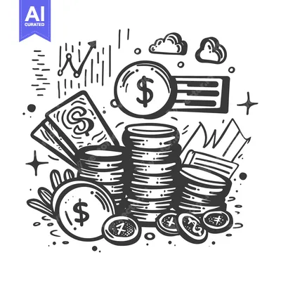 Aset premium populer: Hand-drawn illustration of stacks of coins, dollar bills, and other fi