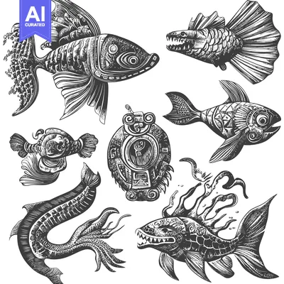 Aset premium populer: Hand-drawn illustration of stylized fish and underwater creatures