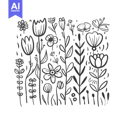 Aset desain premium: Hand-drawn illustration of stylized flowers and leaves in black and wh