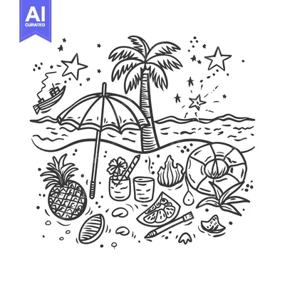 Hand-drawn Illustration of Summer Beach Scene with Tropical Elements