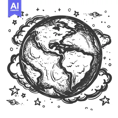 Aset desain premium: Hand-drawn illustration of the Earth surrounded by clouds and stars.